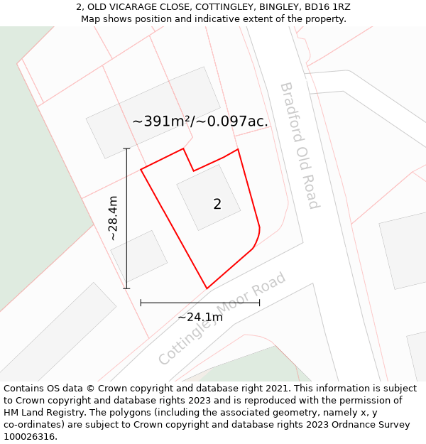 2, OLD VICARAGE CLOSE, COTTINGLEY, BINGLEY, BD16 1RZ: Plot and title map