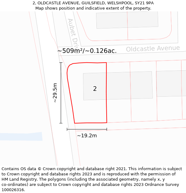 2, OLDCASTLE AVENUE, GUILSFIELD, WELSHPOOL, SY21 9PA: Plot and title map