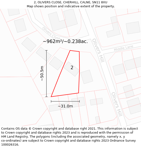 2, OLIVERS CLOSE, CHERHILL, CALNE, SN11 8XU: Plot and title map