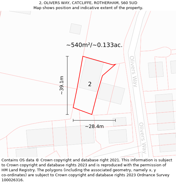 2, OLIVERS WAY, CATCLIFFE, ROTHERHAM, S60 5UD: Plot and title map