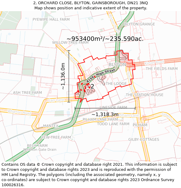 2, ORCHARD CLOSE, BLYTON, GAINSBOROUGH, DN21 3NQ: Plot and title map