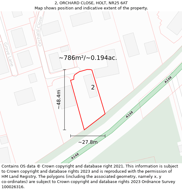 2, ORCHARD CLOSE, HOLT, NR25 6AT: Plot and title map