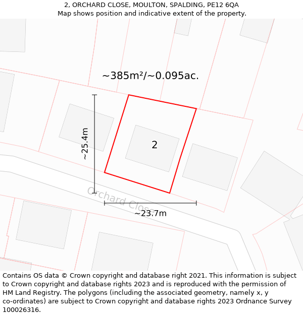 2, ORCHARD CLOSE, MOULTON, SPALDING, PE12 6QA: Plot and title map