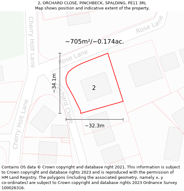 2, ORCHARD CLOSE, PINCHBECK, SPALDING, PE11 3RL: Plot and title map