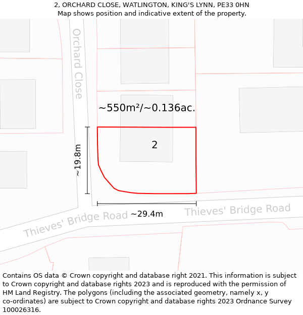 2, ORCHARD CLOSE, WATLINGTON, KING'S LYNN, PE33 0HN: Plot and title map