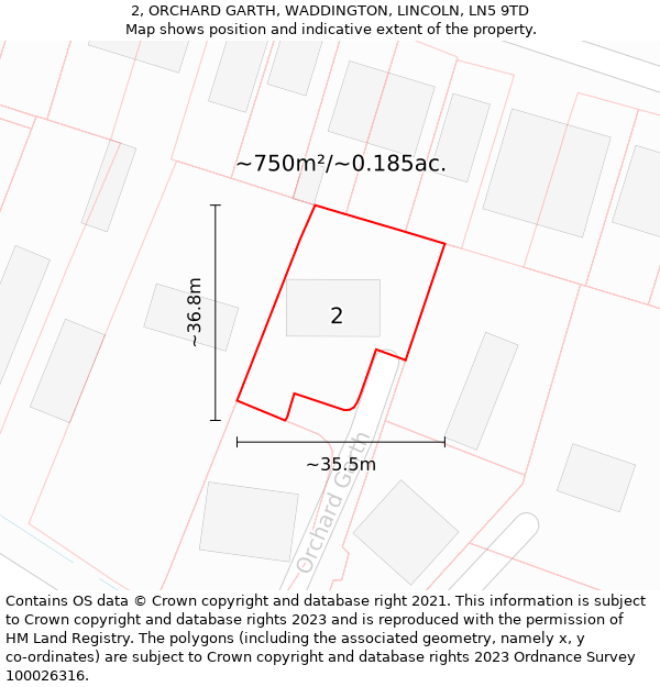 2, ORCHARD GARTH, WADDINGTON, LINCOLN, LN5 9TD: Plot and title map