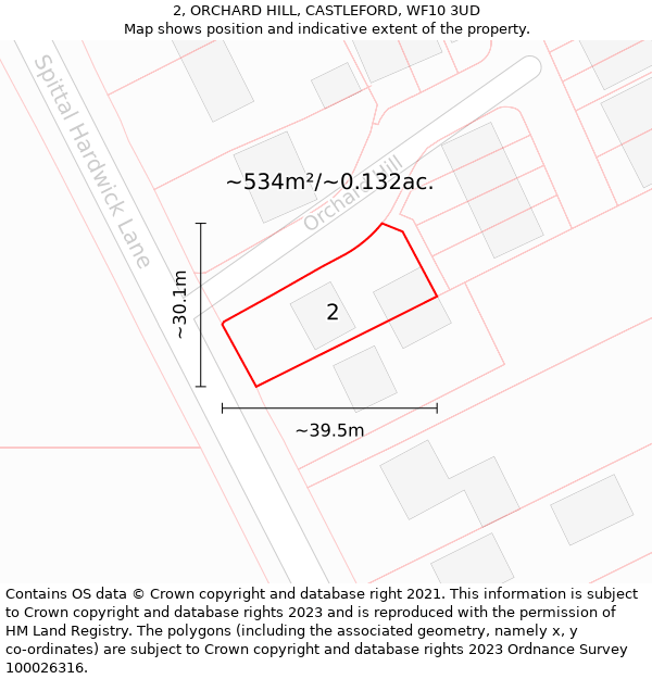 2, ORCHARD HILL, CASTLEFORD, WF10 3UD: Plot and title map