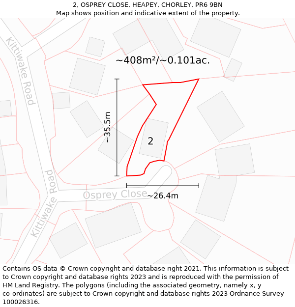 2, OSPREY CLOSE, HEAPEY, CHORLEY, PR6 9BN: Plot and title map