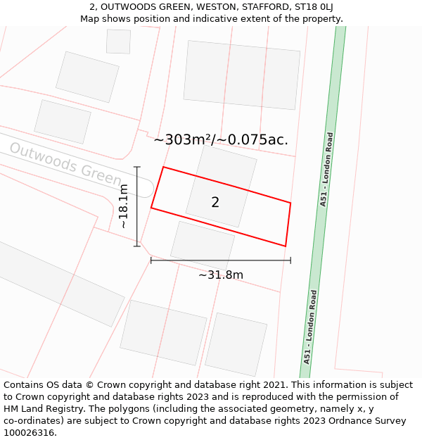 2, OUTWOODS GREEN, WESTON, STAFFORD, ST18 0LJ: Plot and title map