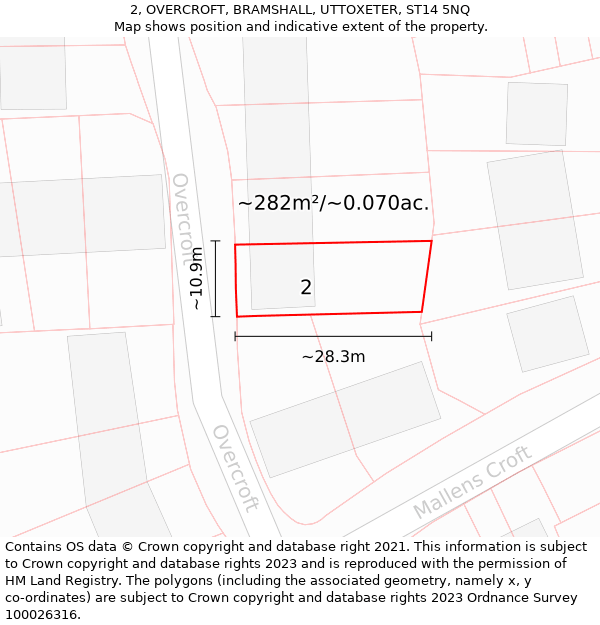 2, OVERCROFT, BRAMSHALL, UTTOXETER, ST14 5NQ: Plot and title map