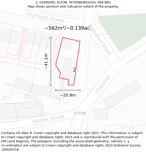 2, OVEREND, ELTON, PETERBOROUGH, PE8 6RU: Plot and title map