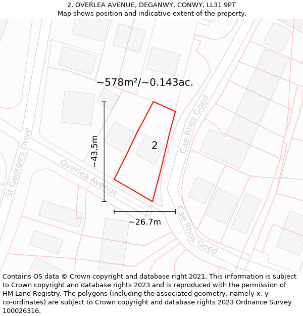 2, OVERLEA AVENUE, DEGANWY, CONWY, LL31 9PT: Plot and title map