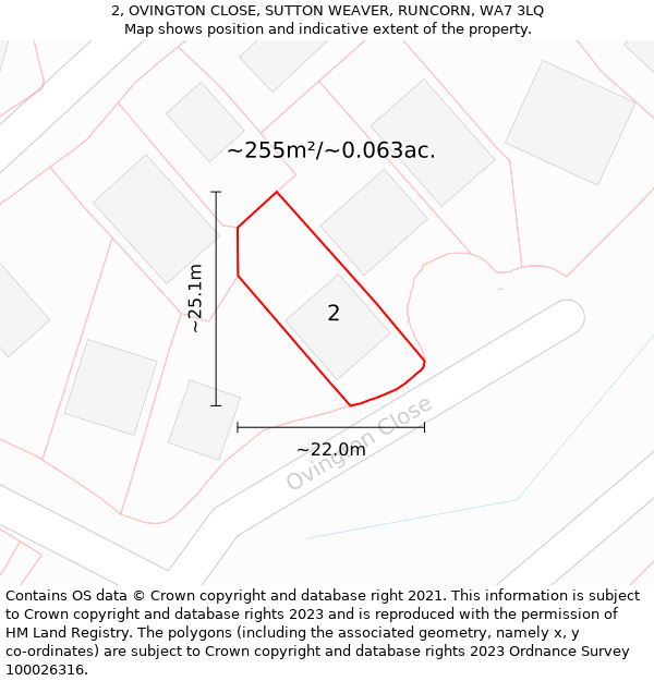 2, OVINGTON CLOSE, SUTTON WEAVER, RUNCORN, WA7 3LQ: Plot and title map