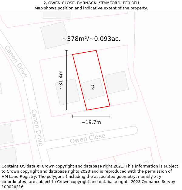 2, OWEN CLOSE, BARNACK, STAMFORD, PE9 3EH: Plot and title map