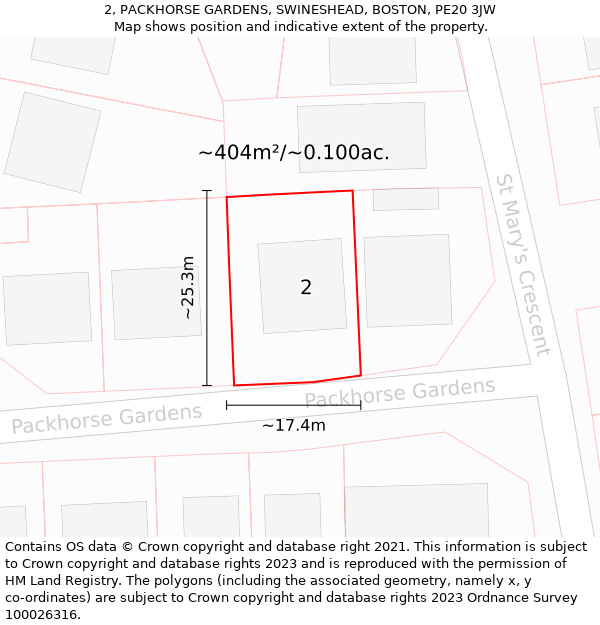 2, PACKHORSE GARDENS, SWINESHEAD, BOSTON, PE20 3JW: Plot and title map