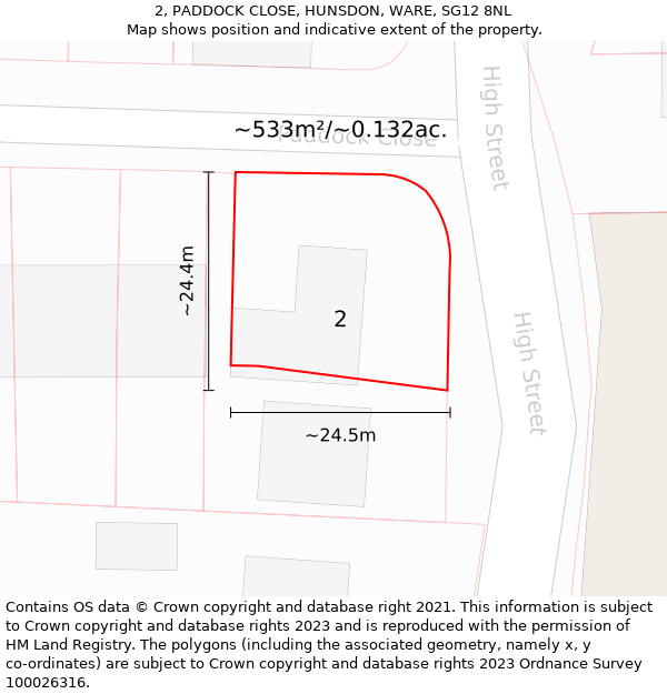 2, PADDOCK CLOSE, HUNSDON, WARE, SG12 8NL: Plot and title map