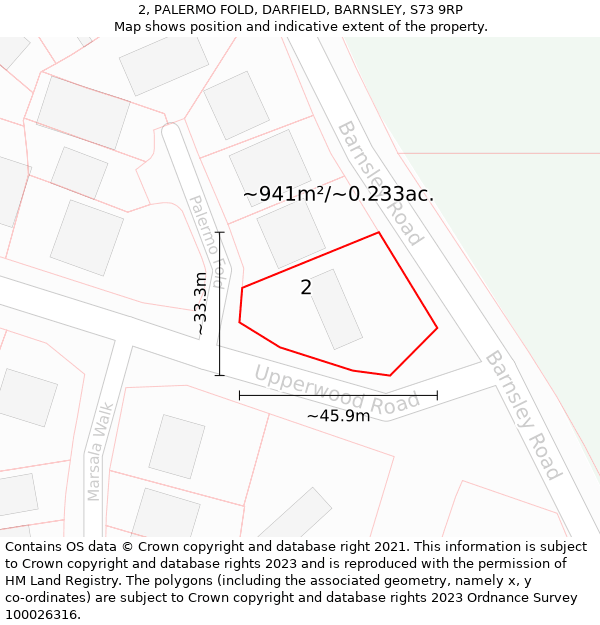 2, PALERMO FOLD, DARFIELD, BARNSLEY, S73 9RP: Plot and title map