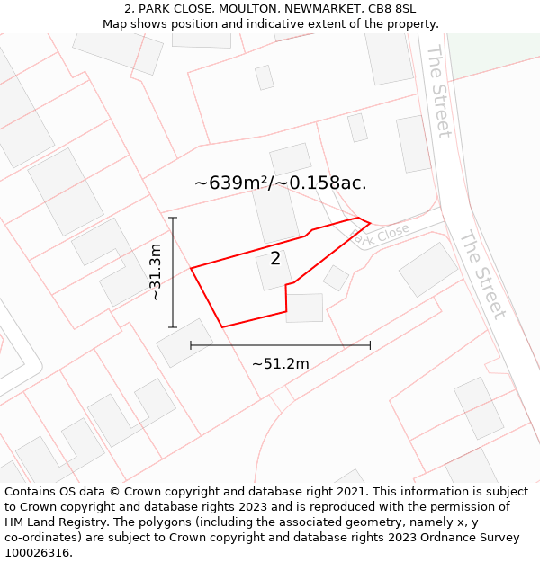 2, PARK CLOSE, MOULTON, NEWMARKET, CB8 8SL: Plot and title map