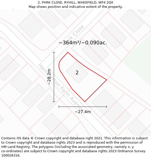 2, PARK CLOSE, RYHILL, WAKEFIELD, WF4 2QX: Plot and title map