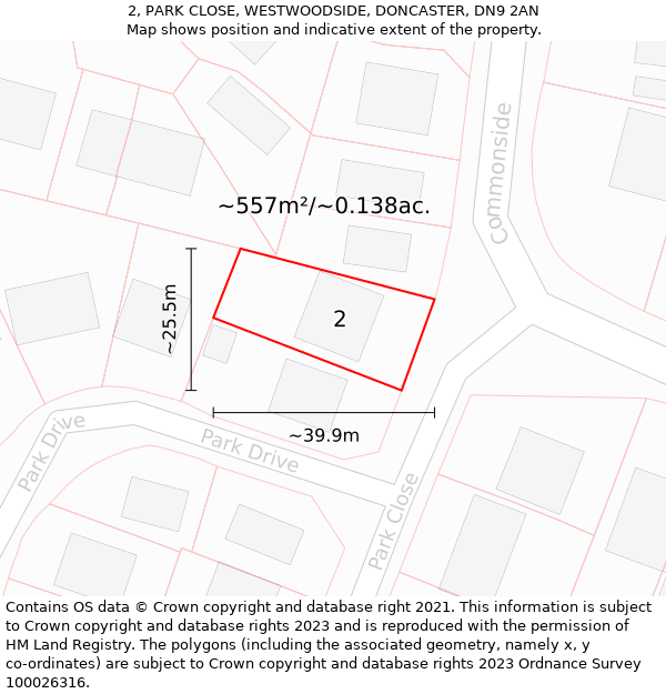 2, PARK CLOSE, WESTWOODSIDE, DONCASTER, DN9 2AN: Plot and title map