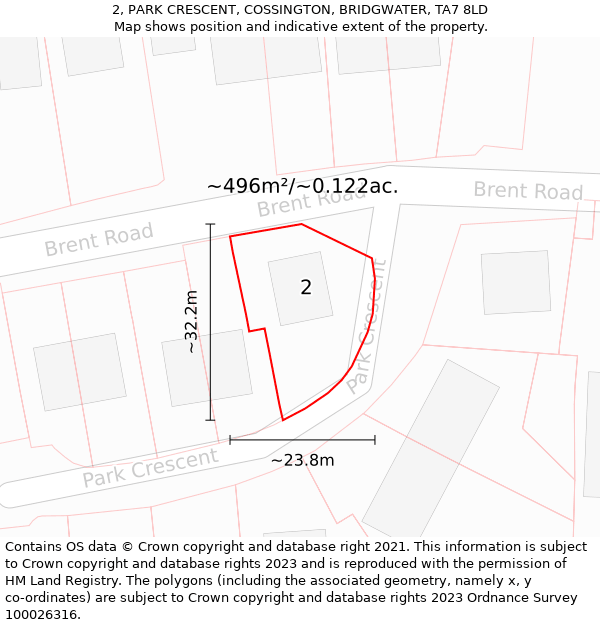 2, PARK CRESCENT, COSSINGTON, BRIDGWATER, TA7 8LD: Plot and title map