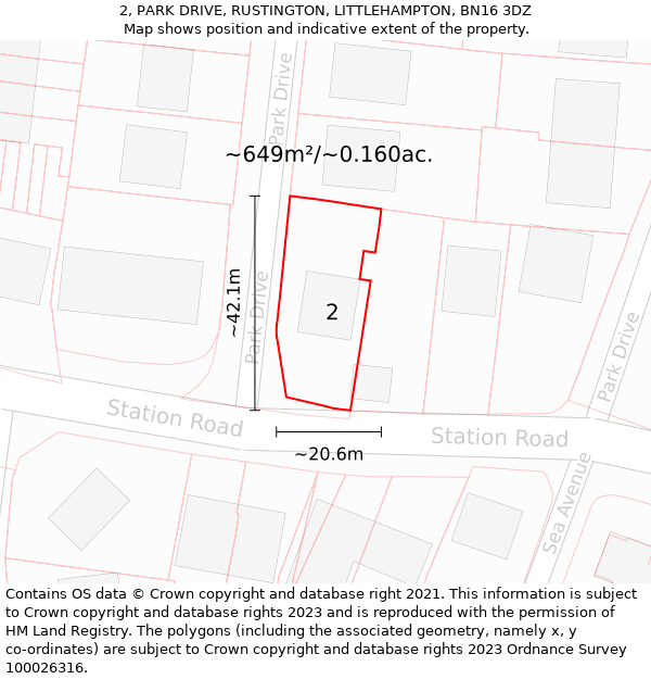 2, PARK DRIVE, RUSTINGTON, LITTLEHAMPTON, BN16 3DZ: Plot and title map