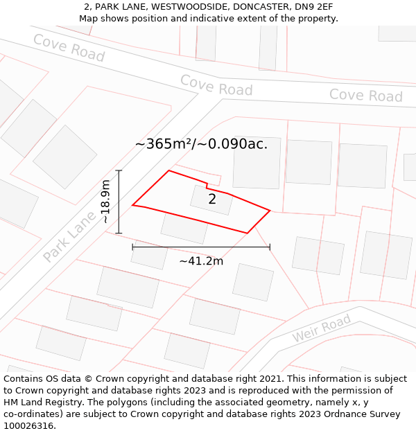 2, PARK LANE, WESTWOODSIDE, DONCASTER, DN9 2EF: Plot and title map