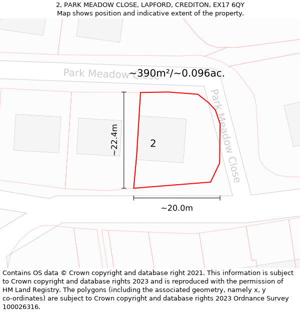 2, PARK MEADOW CLOSE, LAPFORD, CREDITON, EX17 6QY: Plot and title map