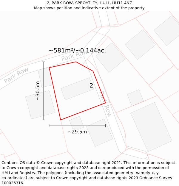 2, PARK ROW, SPROATLEY, HULL, HU11 4NZ: Plot and title map