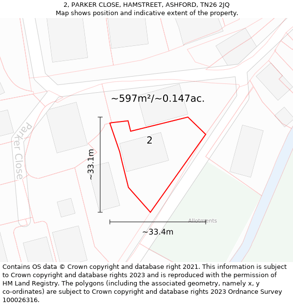 2, PARKER CLOSE, HAMSTREET, ASHFORD, TN26 2JQ: Plot and title map