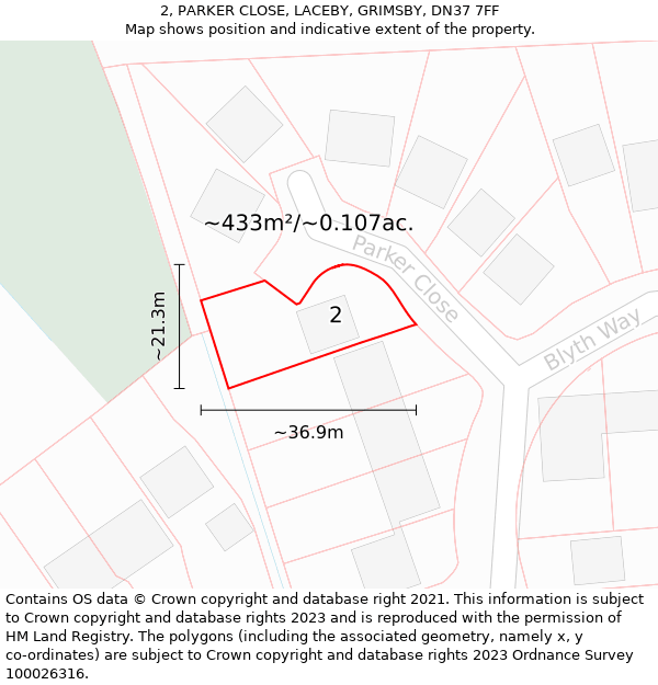 2, PARKER CLOSE, LACEBY, GRIMSBY, DN37 7FF: Plot and title map