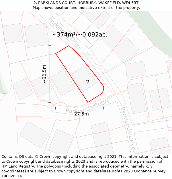 2, PARKLANDS COURT, HORBURY, WAKEFIELD, WF4 5BT: Plot and title map