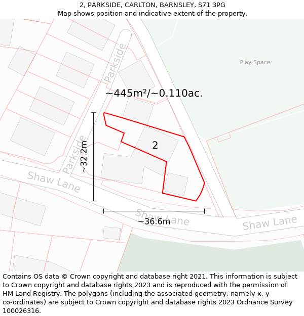 2, PARKSIDE, CARLTON, BARNSLEY, S71 3PG: Plot and title map