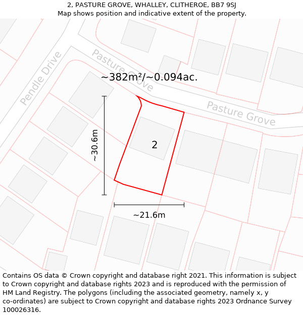 2, PASTURE GROVE, WHALLEY, CLITHEROE, BB7 9SJ: Plot and title map