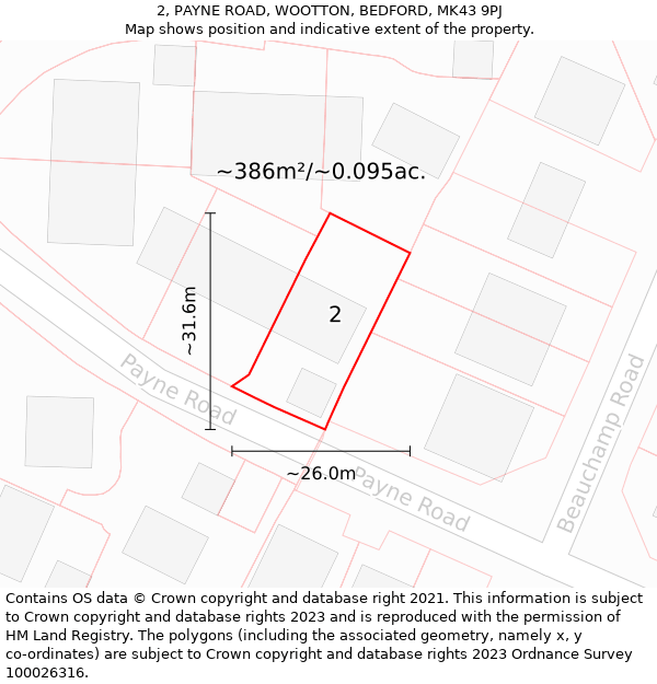 2, PAYNE ROAD, WOOTTON, BEDFORD, MK43 9PJ: Plot and title map