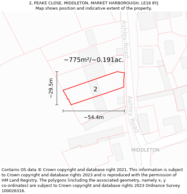 2, PEAKE CLOSE, MIDDLETON, MARKET HARBOROUGH, LE16 8YJ: Plot and title map