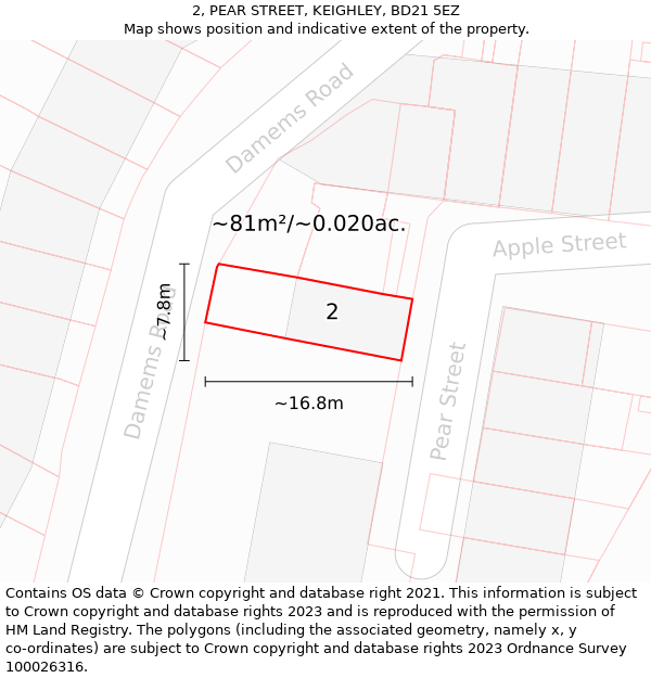 2, PEAR STREET, KEIGHLEY, BD21 5EZ: Plot and title map