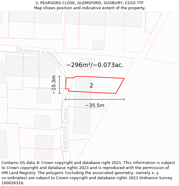 2, PEARSONS CLOSE, GLEMSFORD, SUDBURY, CO10 7TF: Plot and title map