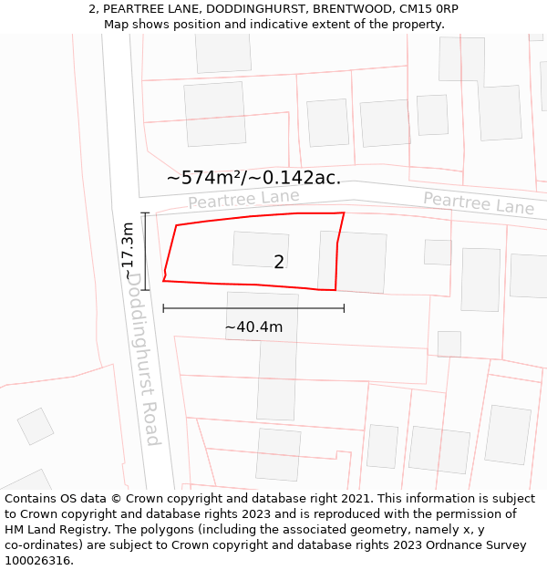 2, PEARTREE LANE, DODDINGHURST, BRENTWOOD, CM15 0RP: Plot and title map