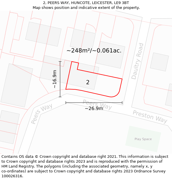 2, PEERS WAY, HUNCOTE, LEICESTER, LE9 3BT: Plot and title map