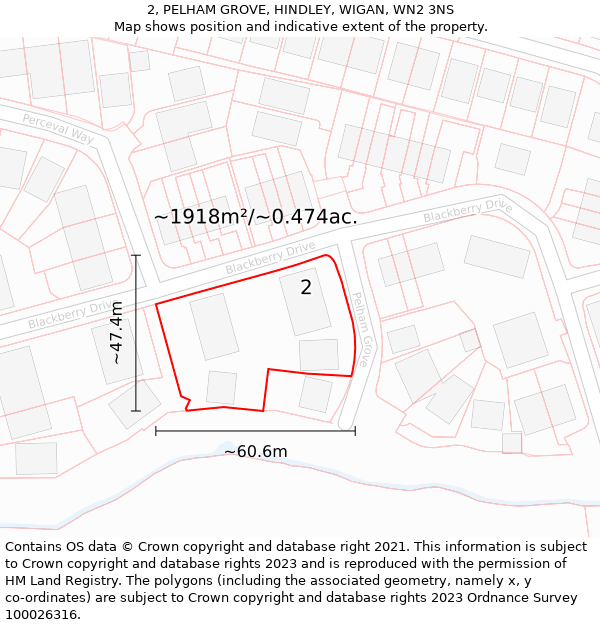 2, PELHAM GROVE, HINDLEY, WIGAN, WN2 3NS: Plot and title map