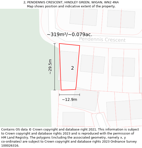 2, PENDENNIS CRESCENT, HINDLEY GREEN, WIGAN, WN2 4NA: Plot and title map