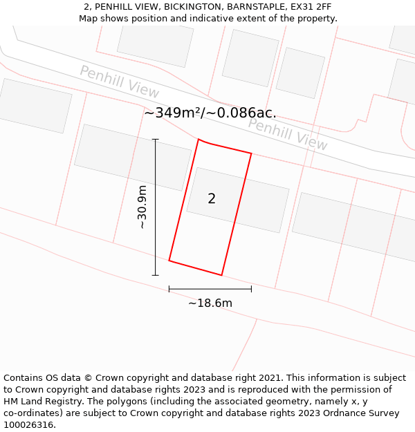 2, PENHILL VIEW, BICKINGTON, BARNSTAPLE, EX31 2FF: Plot and title map