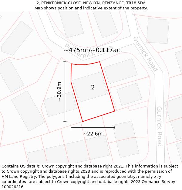 2, PENKERNICK CLOSE, NEWLYN, PENZANCE, TR18 5DA: Plot and title map