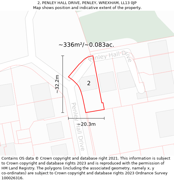 2, PENLEY HALL DRIVE, PENLEY, WREXHAM, LL13 0JP: Plot and title map