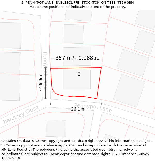 2, PENNYPOT LANE, EAGLESCLIFFE, STOCKTON-ON-TEES, TS16 0BN: Plot and title map