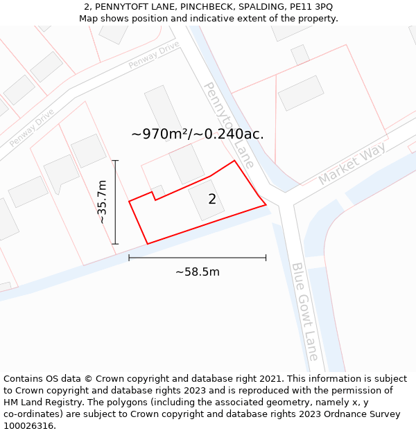 2, PENNYTOFT LANE, PINCHBECK, SPALDING, PE11 3PQ: Plot and title map