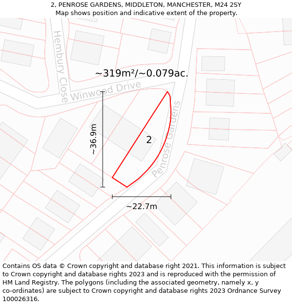 2, PENROSE GARDENS, MIDDLETON, MANCHESTER, M24 2SY: Plot and title map