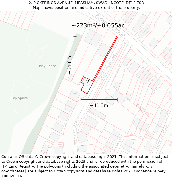 2, PICKERINGS AVENUE, MEASHAM, SWADLINCOTE, DE12 7SB: Plot and title map