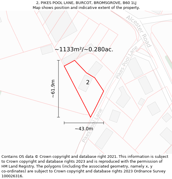 2, PIKES POOL LANE, BURCOT, BROMSGROVE, B60 1LJ: Plot and title map